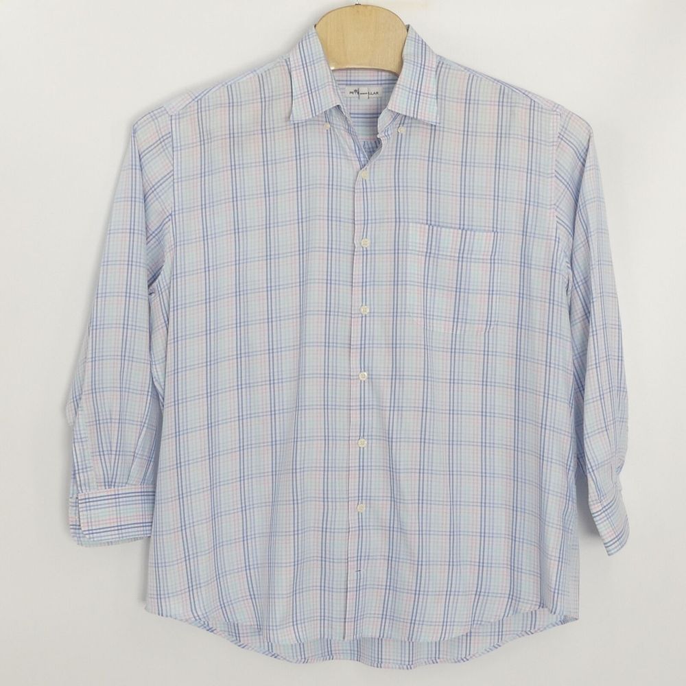 Peter Millar Long Sleeve Button Down‎ Shirt Pink Blue Cotton Silk Check Men's XL